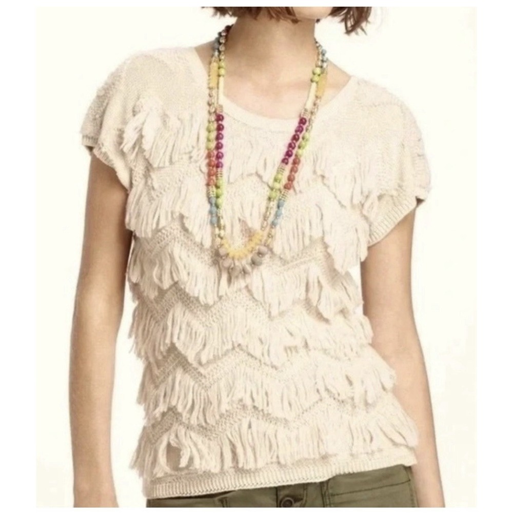 Cream Sleeveless Fringe Cotton Knit Sweater Shag Chevron Boho Festival